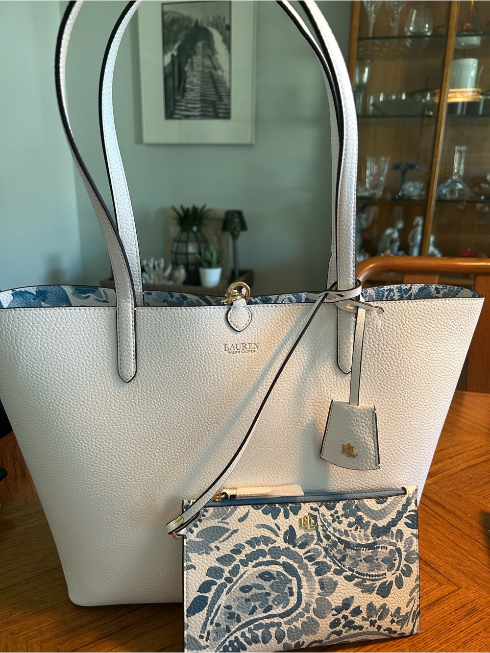 New Lauren Ralph Lauren Reversible Cream Leather Tote with Blue Paisley Pouch